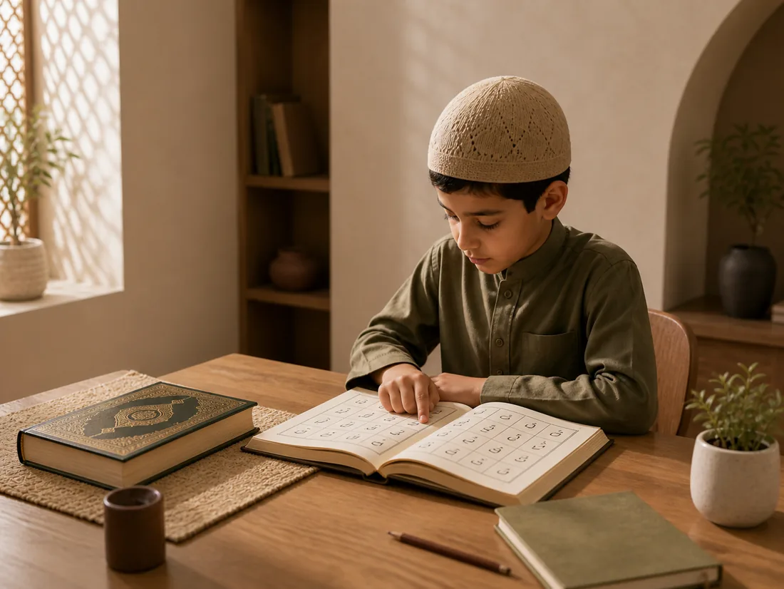 A young beginner tracing Arabic letters in a Qaida lesson