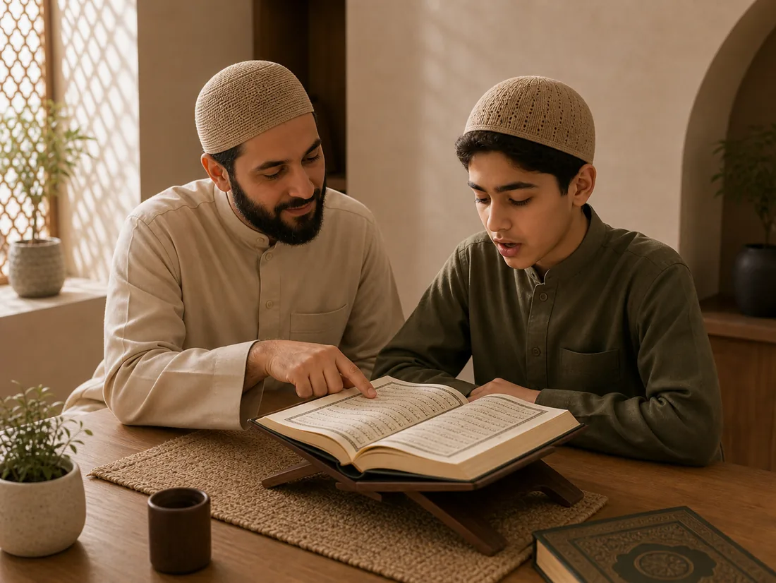A student refining Quran recitation with a teacher