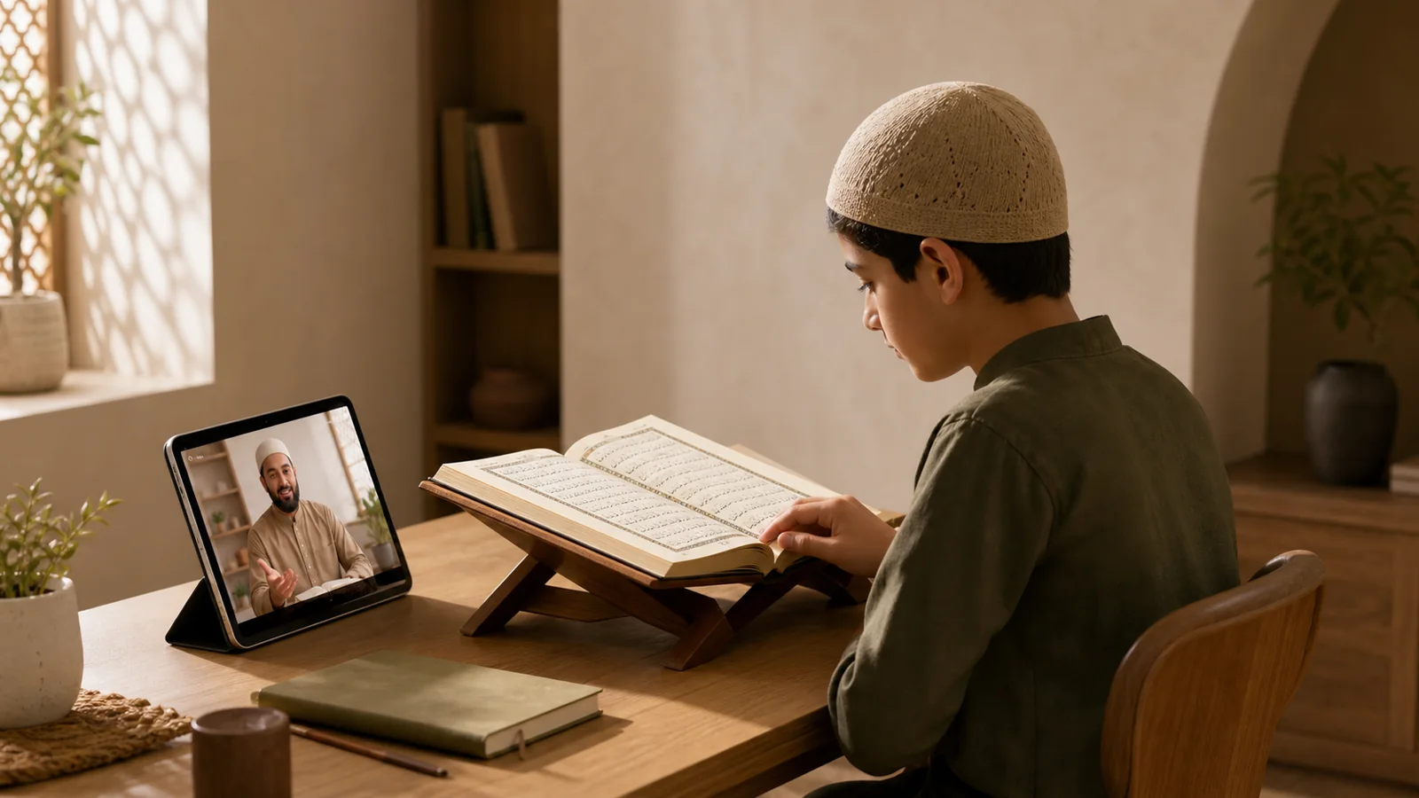 A young student learning Quran online with personal teacher guidance