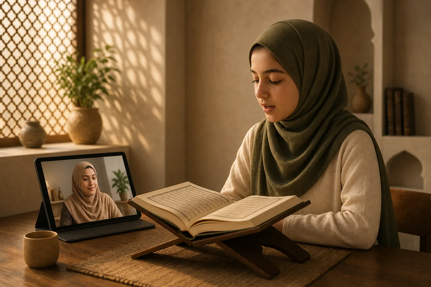 A student reciting Quran during a live one-to-one lesson with her teacher
