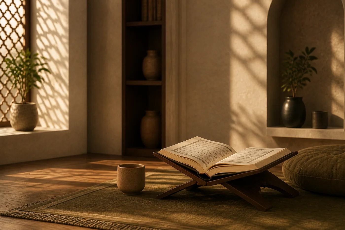 An open Quran on a rehal in a quiet, warmly lit place of reflection